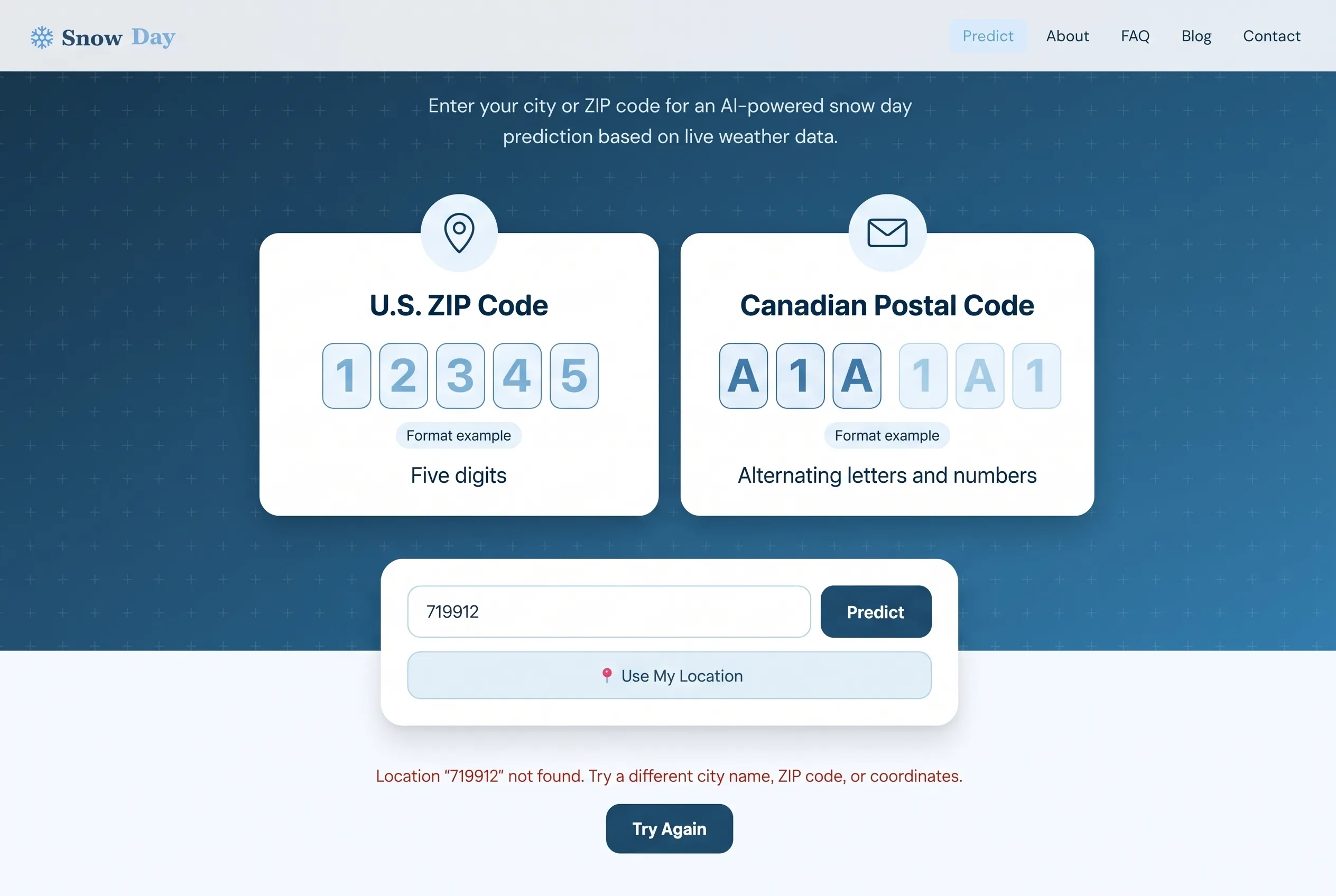 Format examples show a five-digit U.S. ZIP Code and an alternating Canadian postal code; the six-digit entry below matches neither basic format.