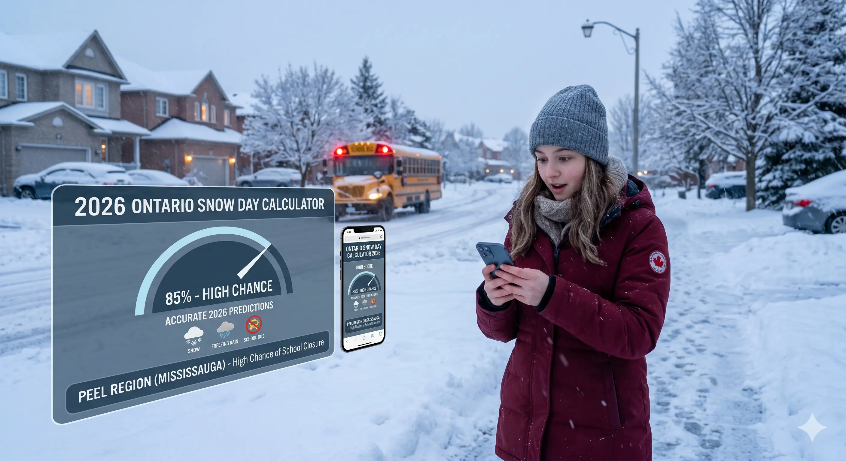 Ontario snow day calculator prediction showing snowfall and school closure chances