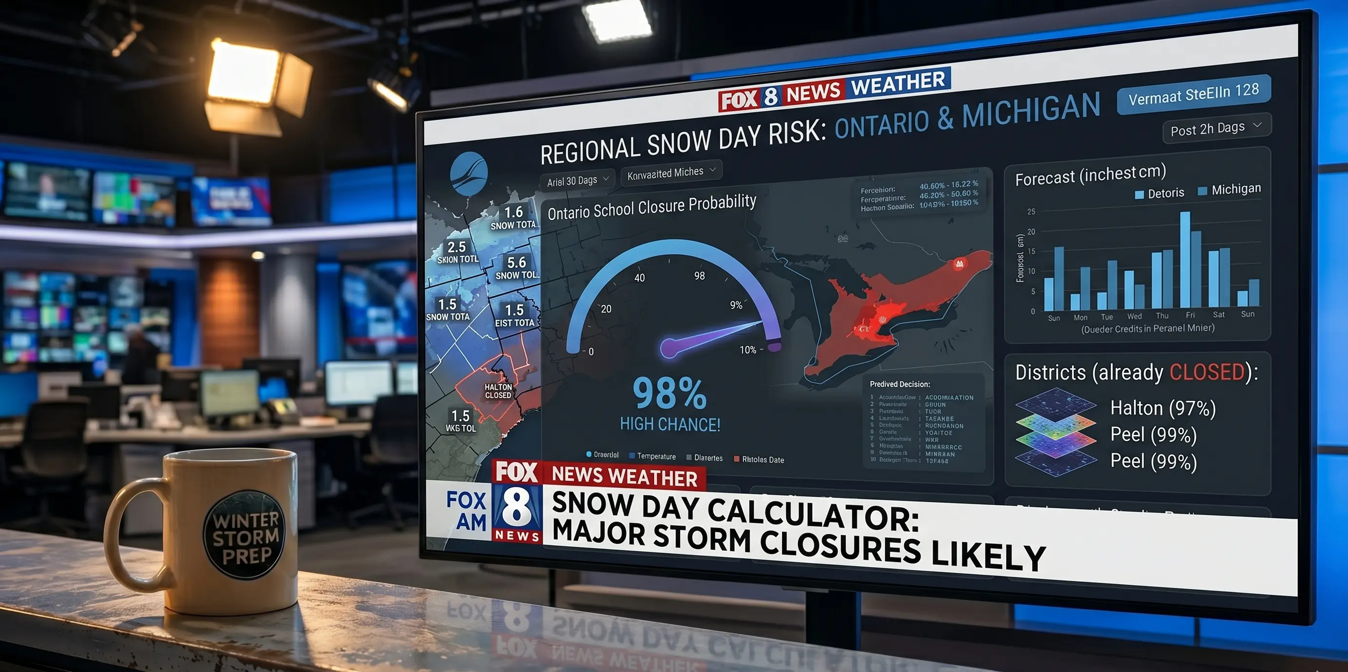 Canadian school bus on snow-covered road during winter storm illustrating snow day calculator Canada results