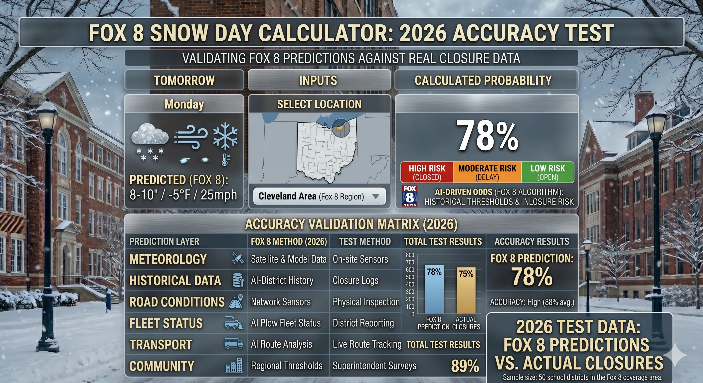 Fox 8 snow day calculator compared with AI prediction tool on laptop screen during snowfall
