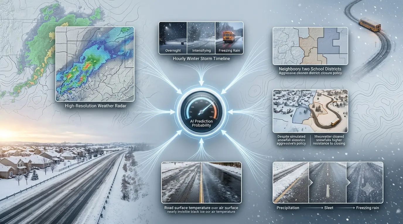 AI-powered snow day calculator displaying probability scores and tell how AI measure accuracy.