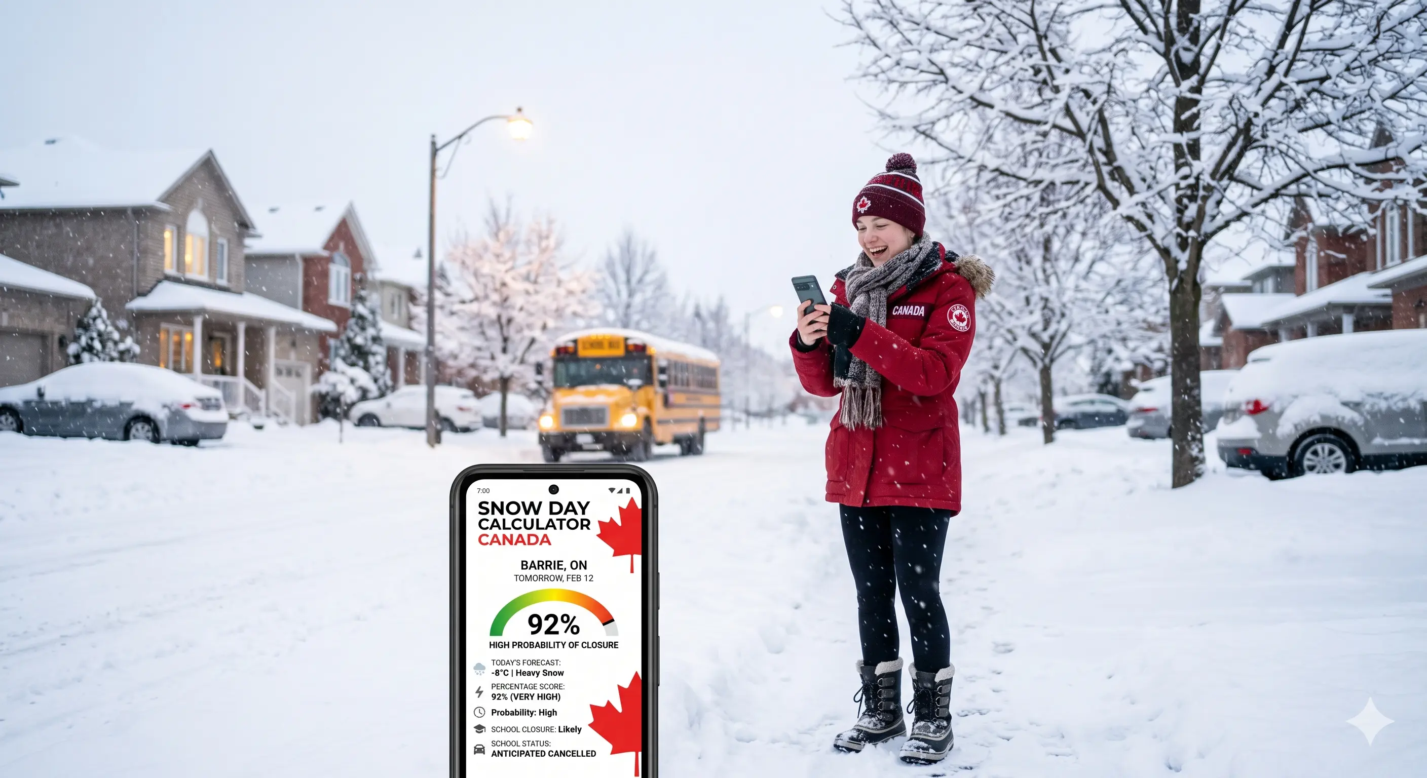 Snow day canada score showing 73% chance of school closure on a calculator interface
