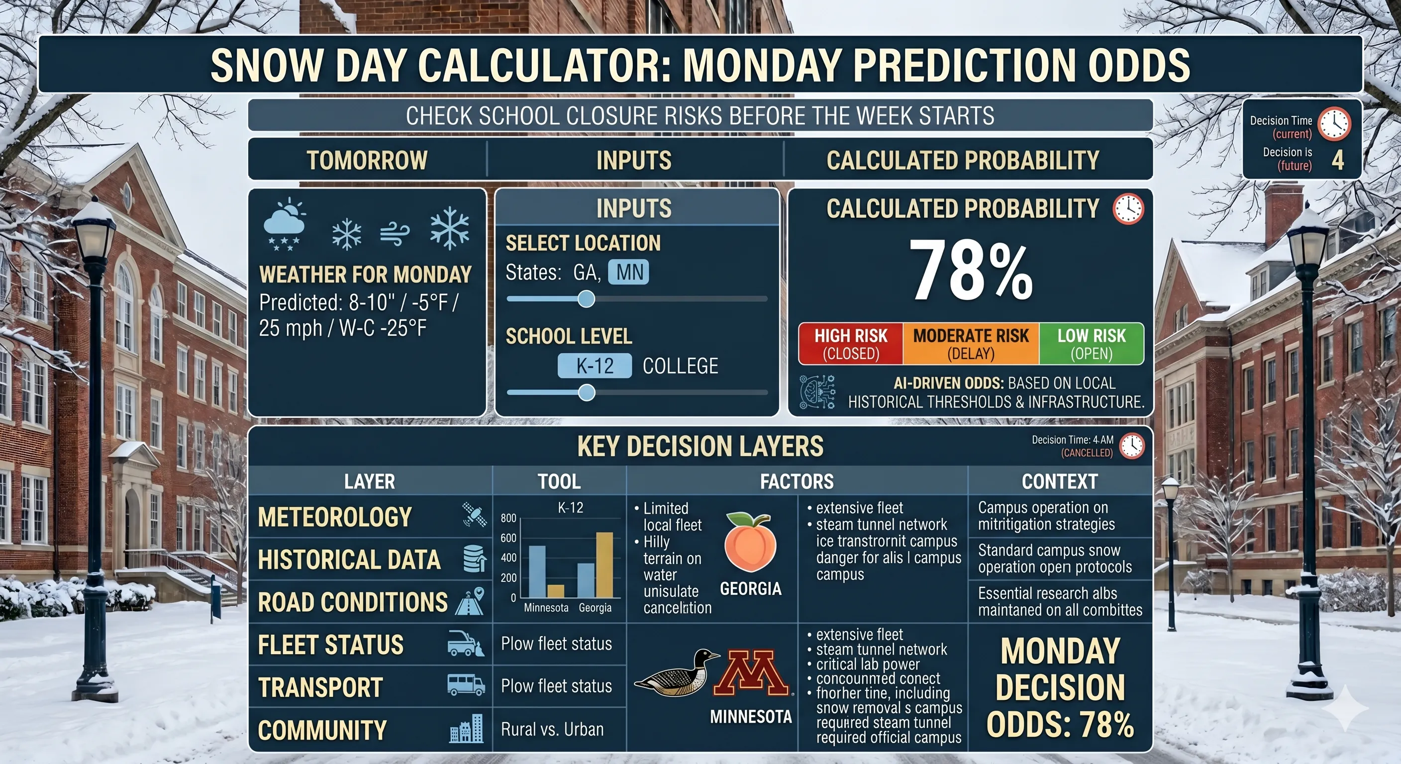 Calendar showing Monday with snow forecast overlay and snow day probability score