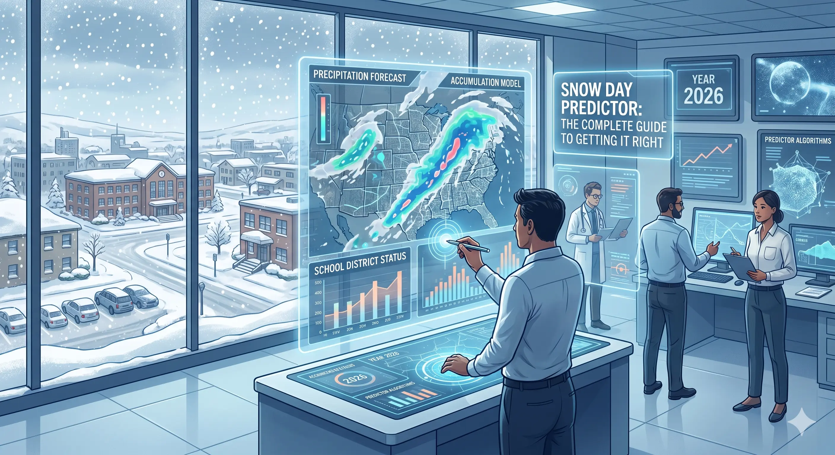 Snow day probability score gauge showing 73% chance of school closure on a calculator interface