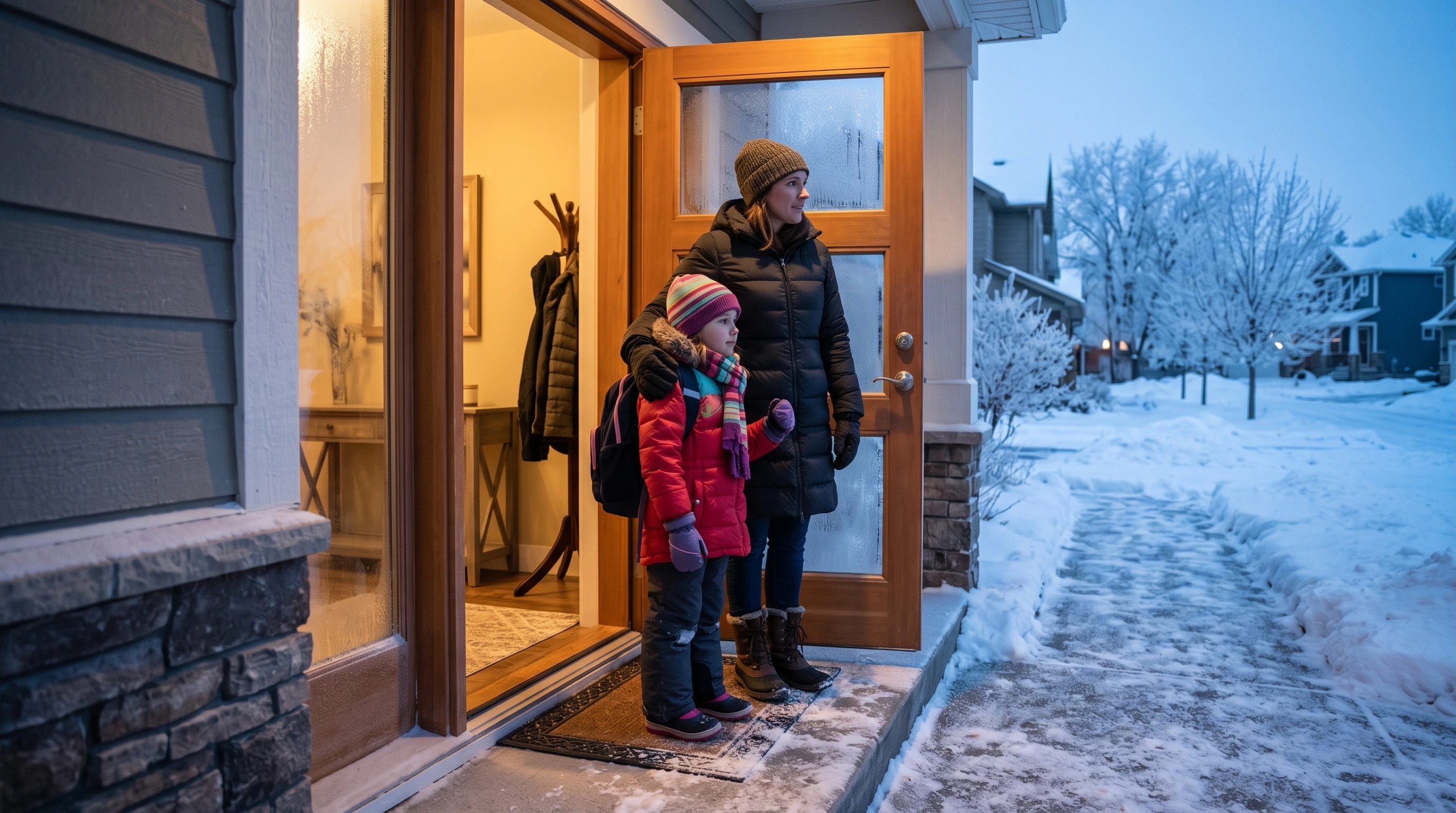 Parent and child in winter clothing standing at a home's doorway beside a snow-covered street