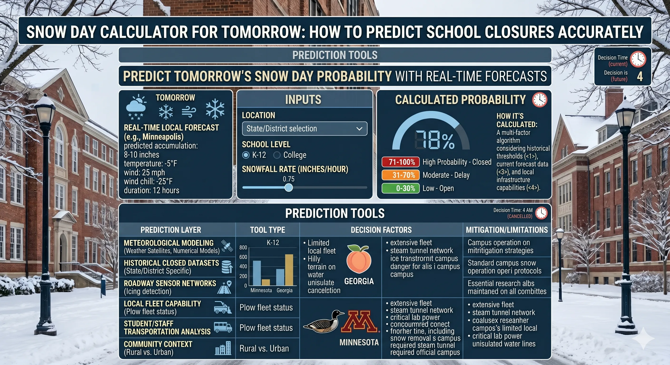 Student checking phone with snow day calculator at evening with snowy forecast displayed