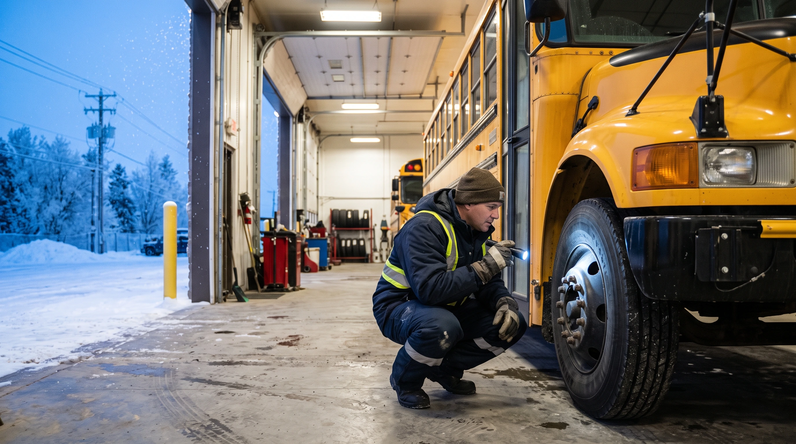 Technician using a flashlight to inspect a school bus front wheel inside a depot on a snowy morning