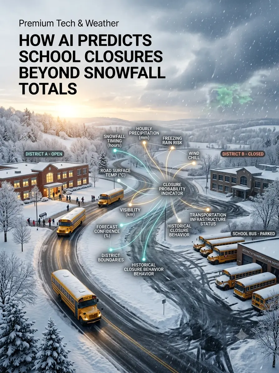School building in heavy winter snowfall — conditions that trigger high snow day calculator probability scores