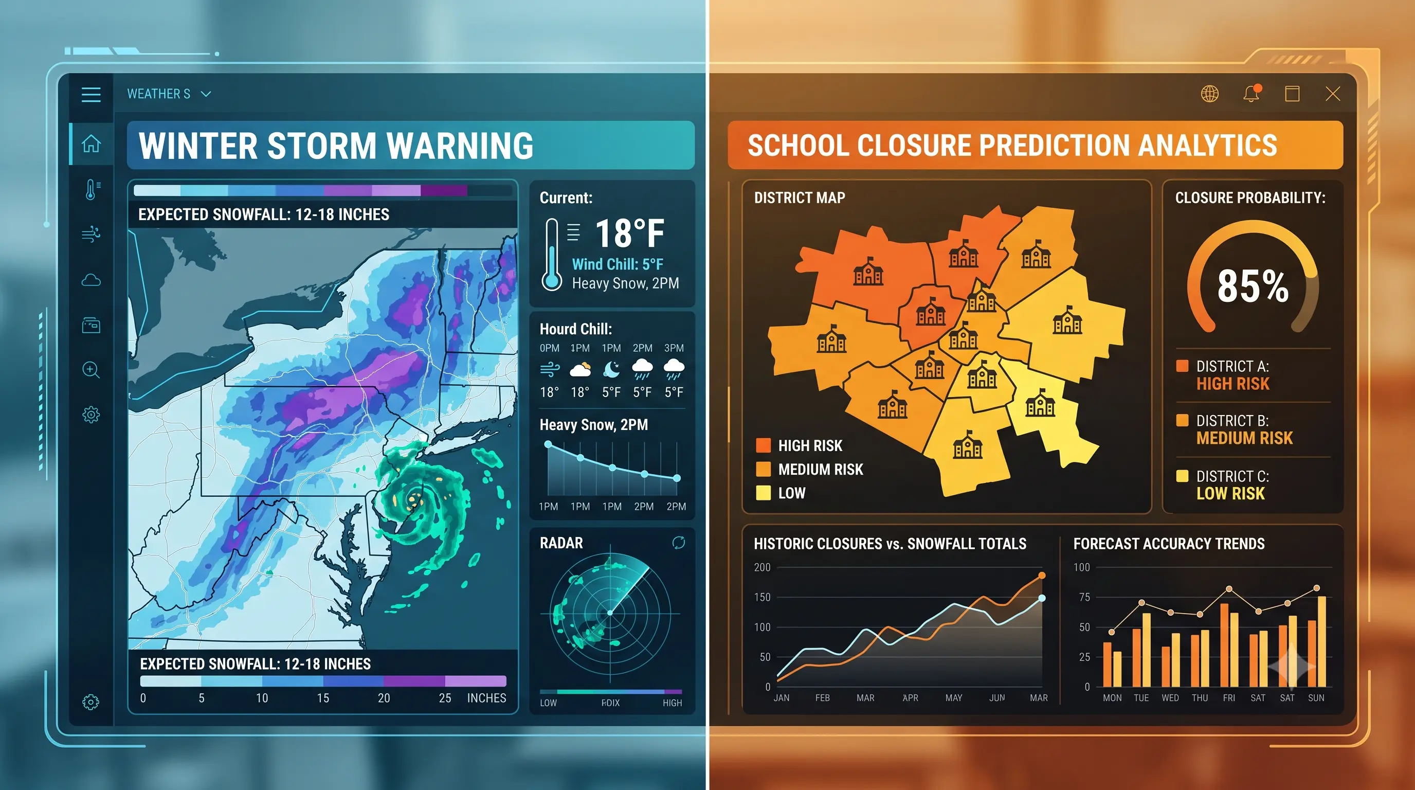 Side-by-side illustration showing an AccuWeather snowfall forecast on the left and an AI snow day calculator showing a district-specific school closure probability score on the right