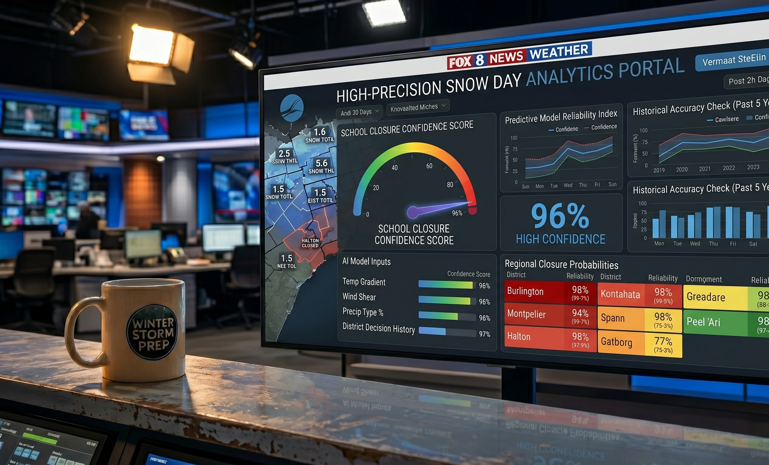 AccuWeather snow day forecast compared with AI snow day calculator prediction on a laptop screen