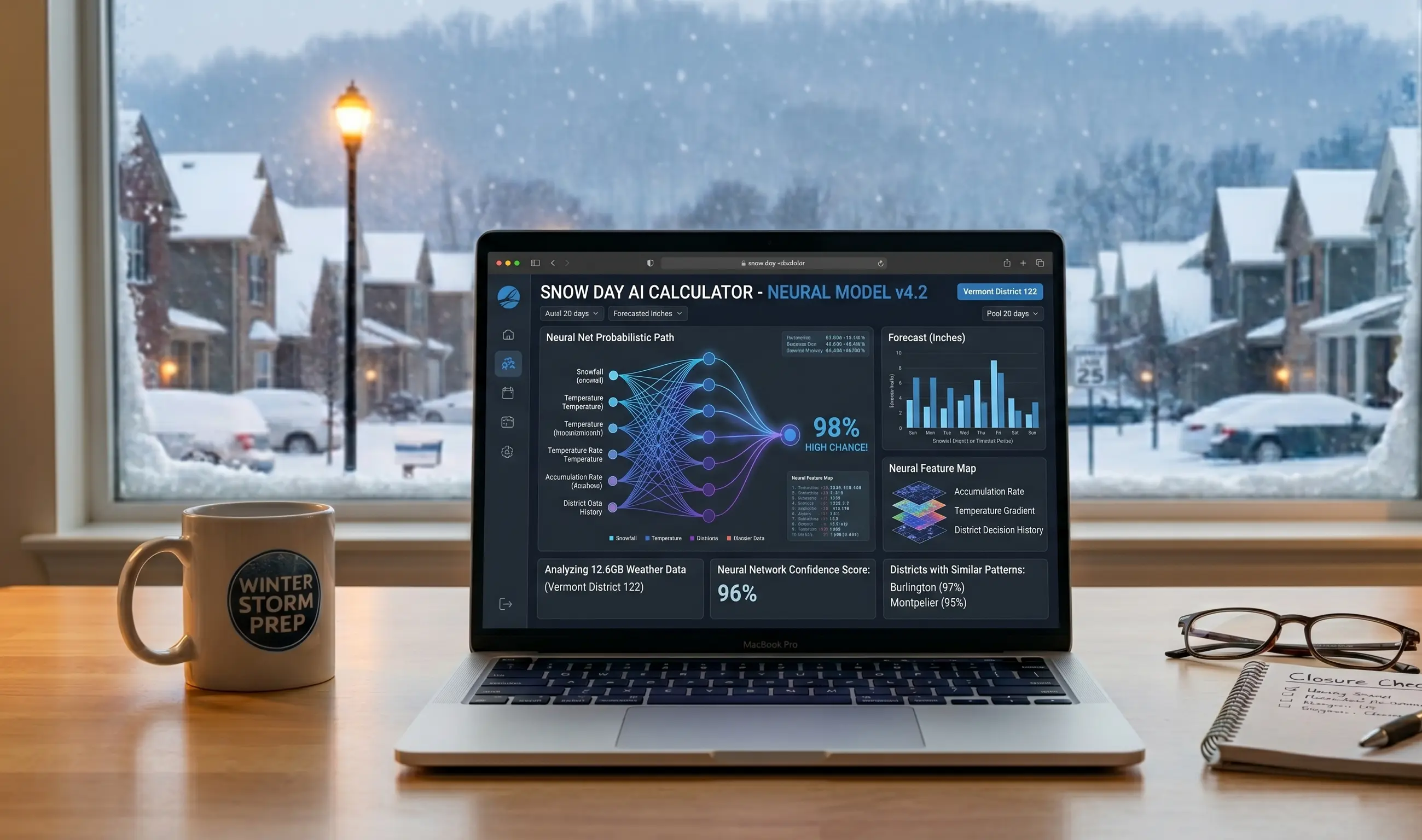 Snow day predictor dashboard displaying AI-generated school closure forecast based on live weather data