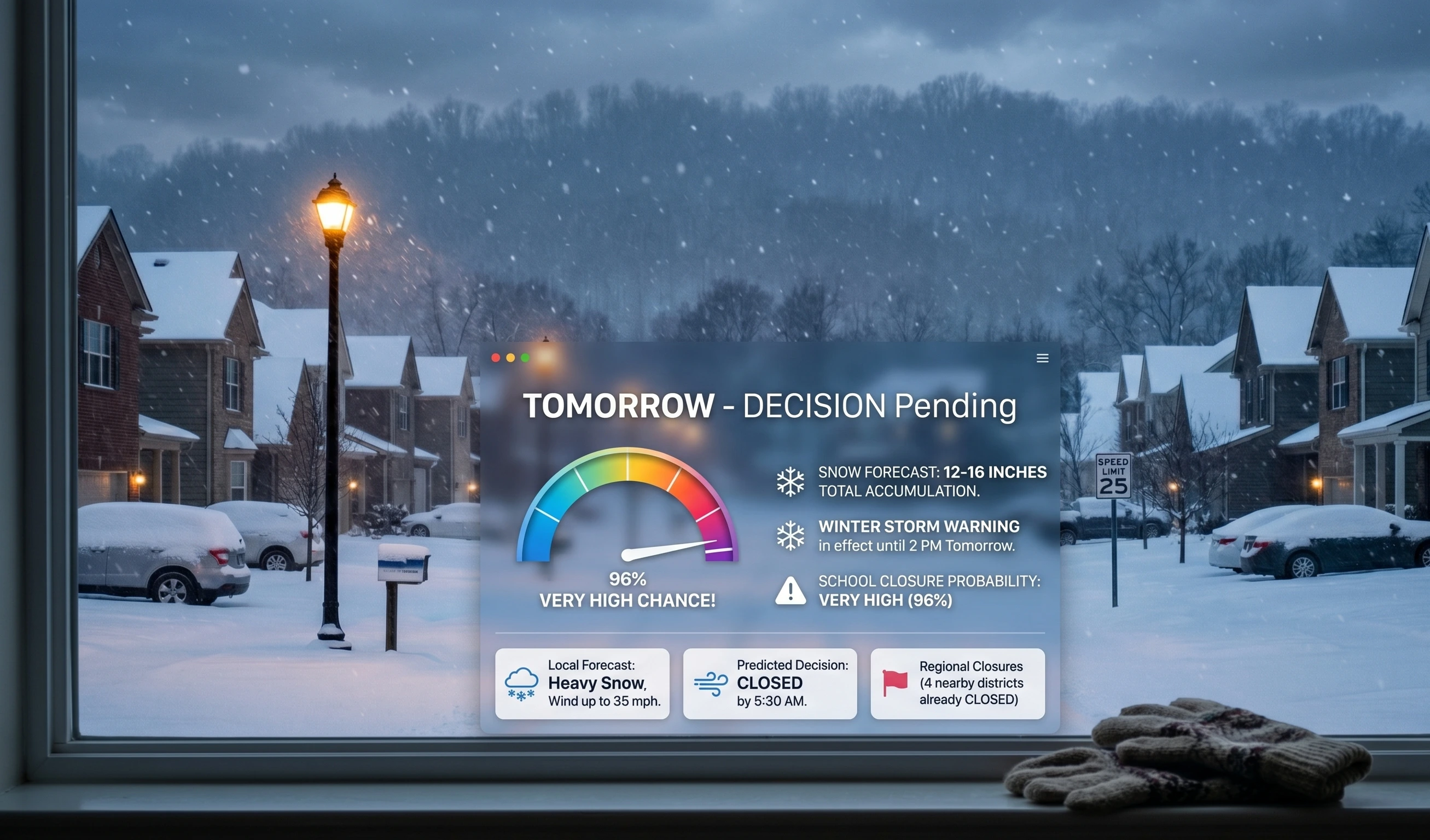 Snow day calculator for tomorrow showing overnight snowfall forecast and school closure probability score