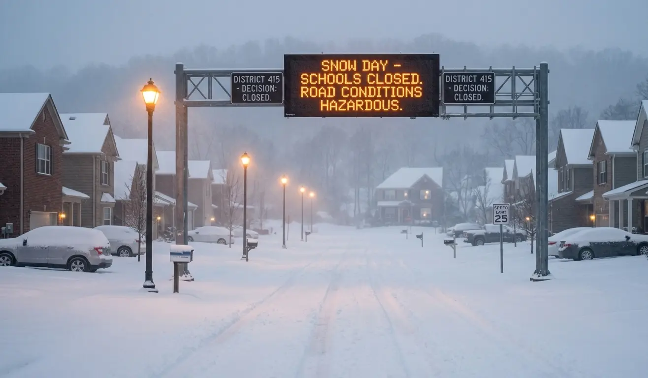 School bus stopped on icy road during extreme winter wind chill