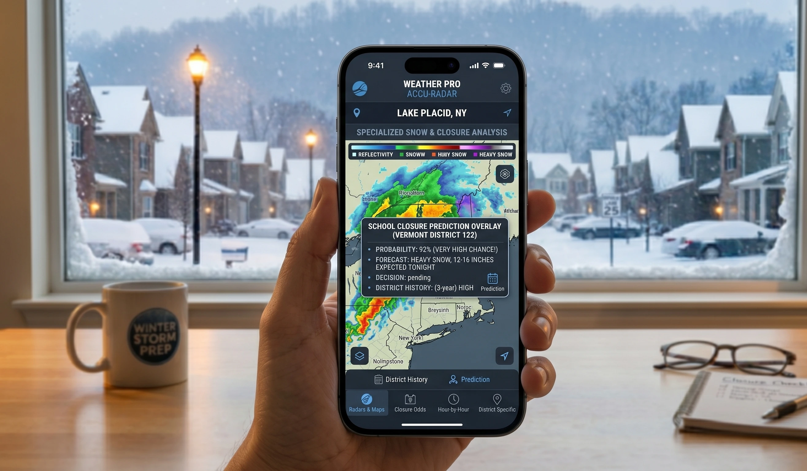 Monday snow day calculator displaying weekly snowfall forecast and school closure prediction for Monday