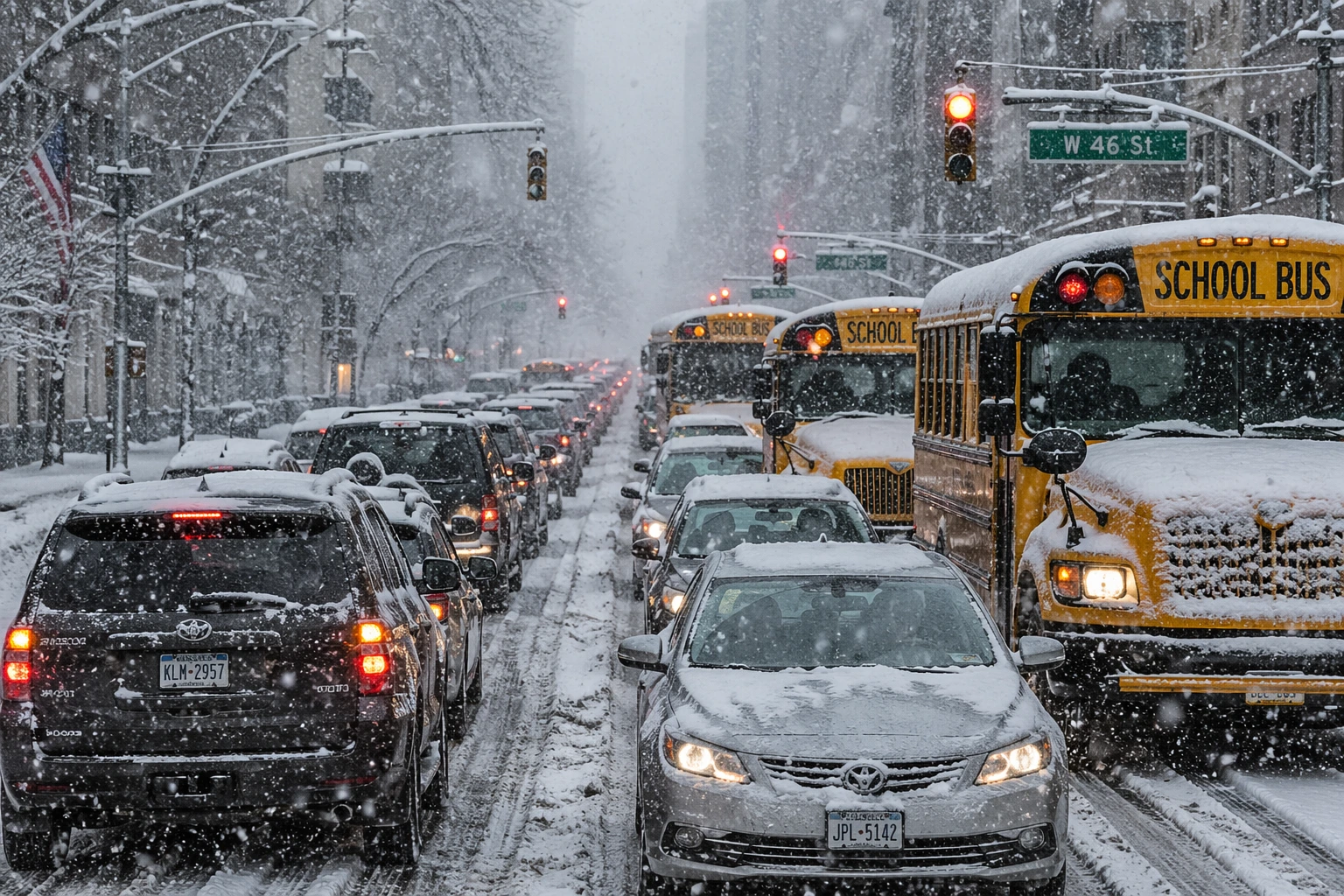 School building surrounded by heavy snowfall with snow day calculator showing high closure probability