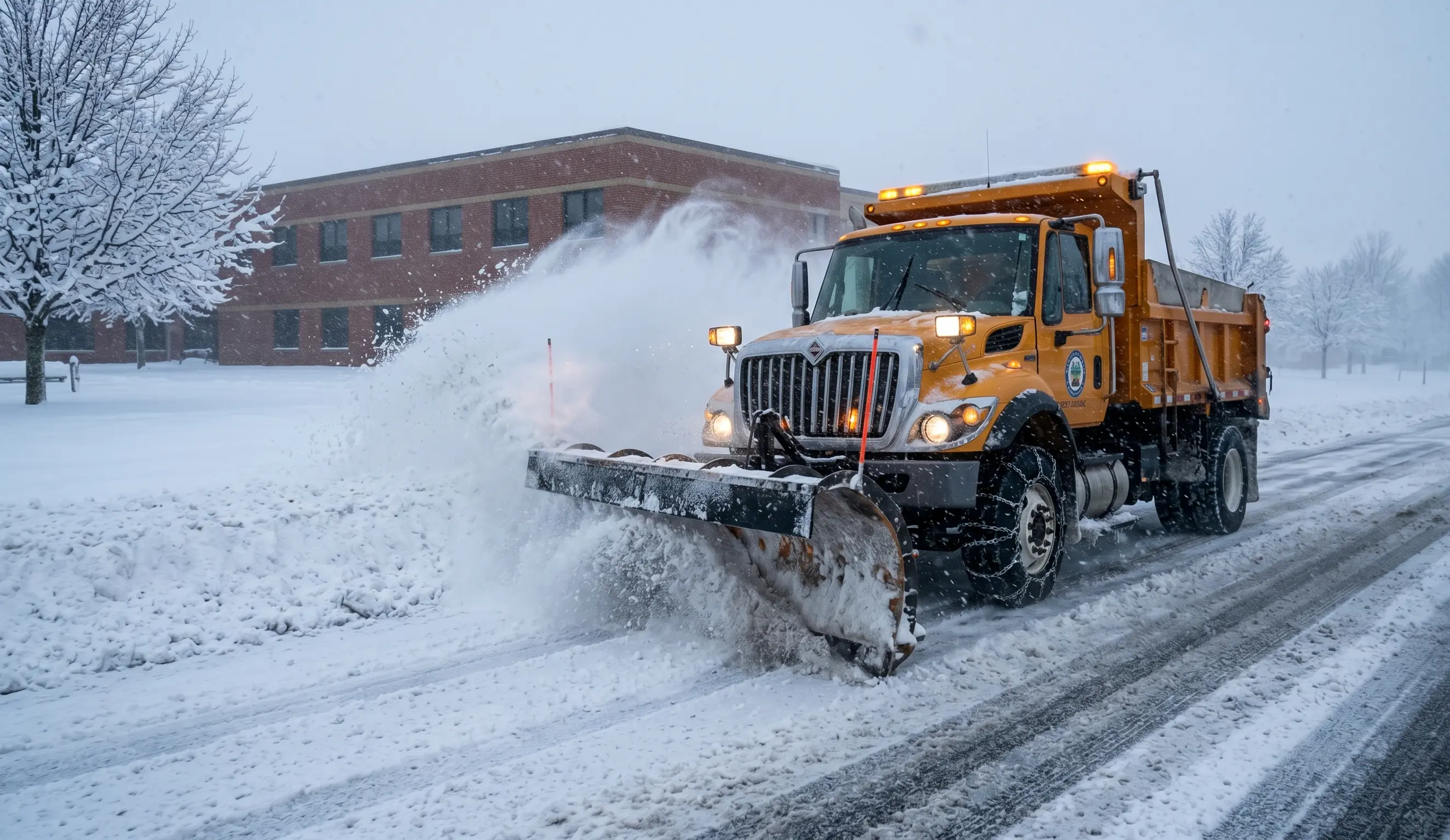 Snow-covered school parking lot with snow day calculator showing tomorrow morning school closure probability