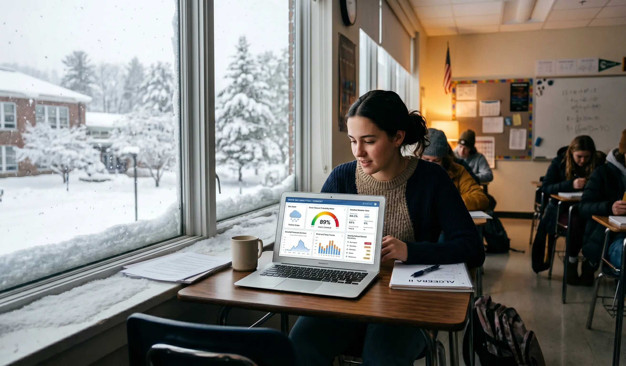 College campus covered in snow with students checking phones for university snow day calculator results