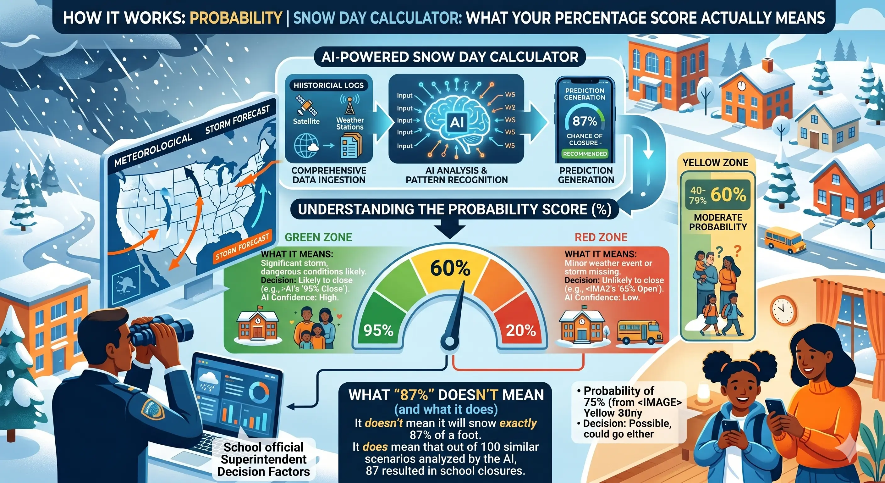 School building covered in snow with a probability score overlay from a snow day calculator
