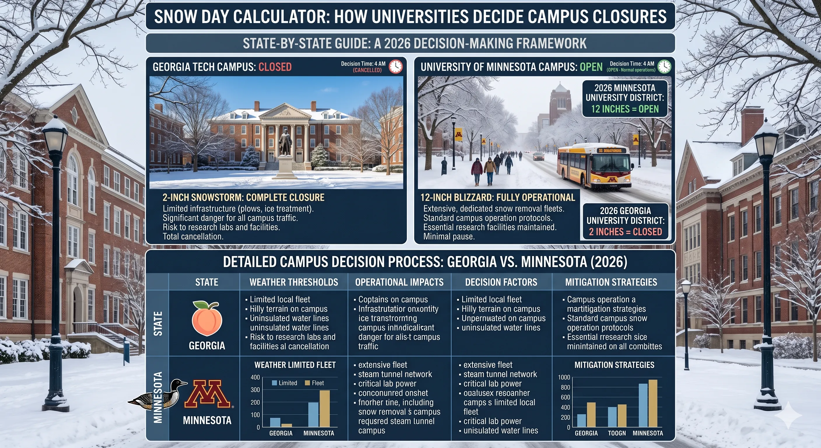 College campus covered in snow with students walking to class buildings