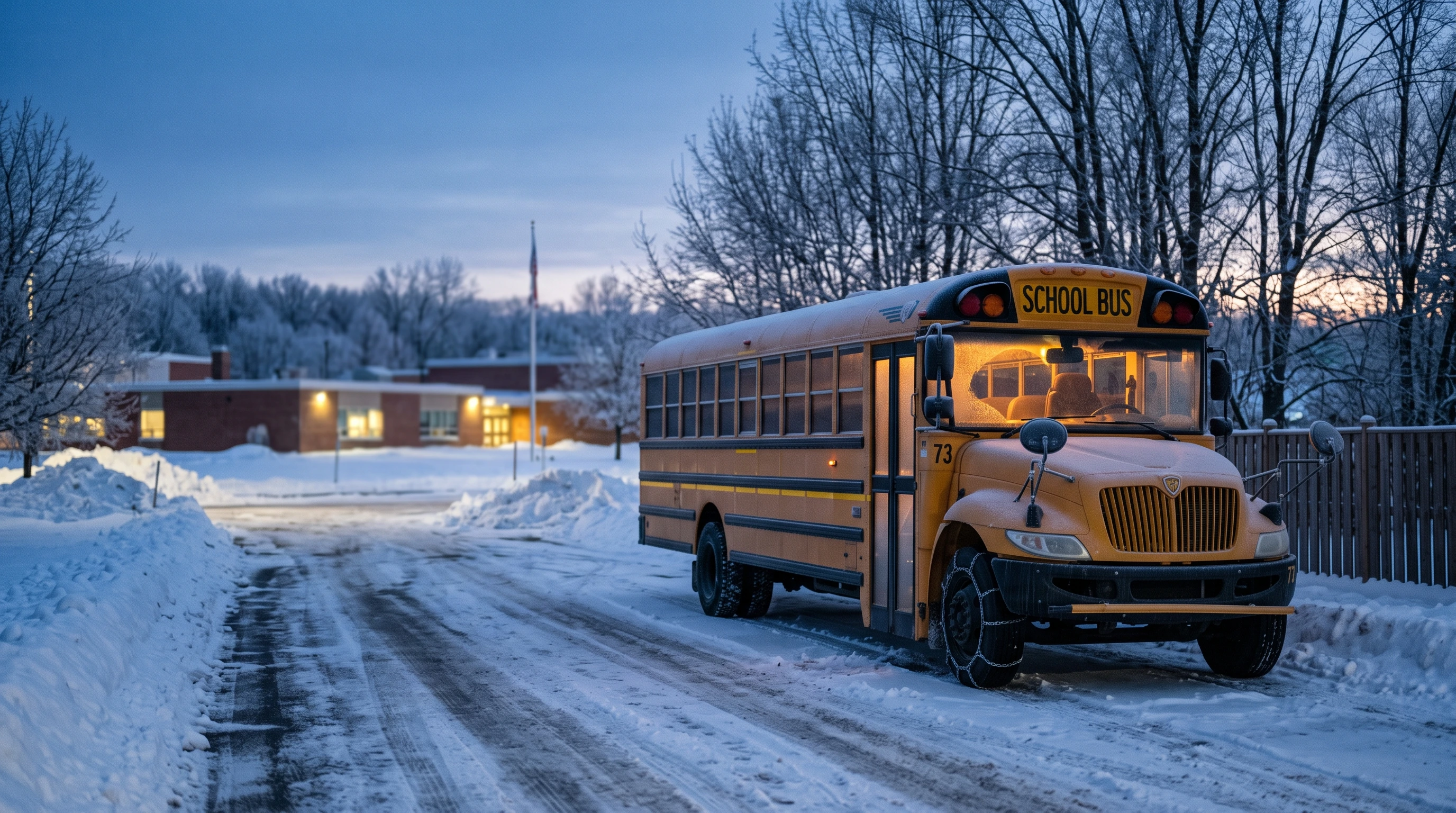 School bus in freezing winter weather and cold temperatures